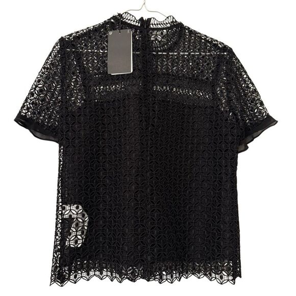 NWT Zara Crochet Lace Short Sleeve Scalloped Hem Blouse Black Medium - Picture 2 of 4